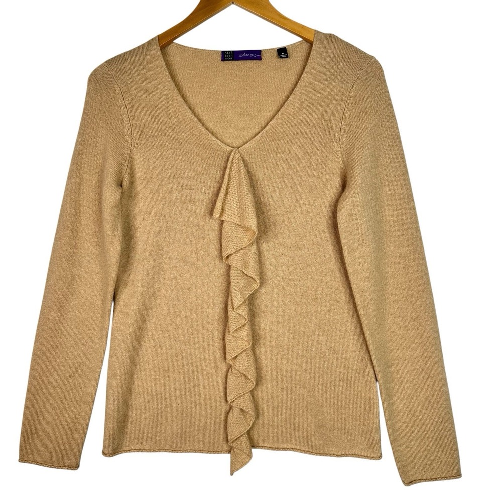 Saks Fifth Avenue 100% Cashmere Sweater Womens M Camel Ruffle V Neck Long Sleeve